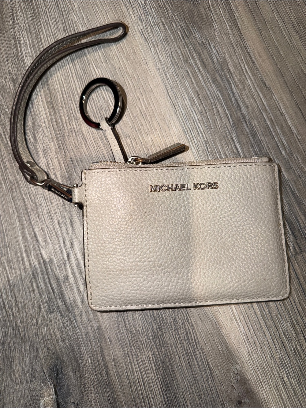 Michael Kors Cream Pebbled Leather Wristlet Card Case with Key Ring